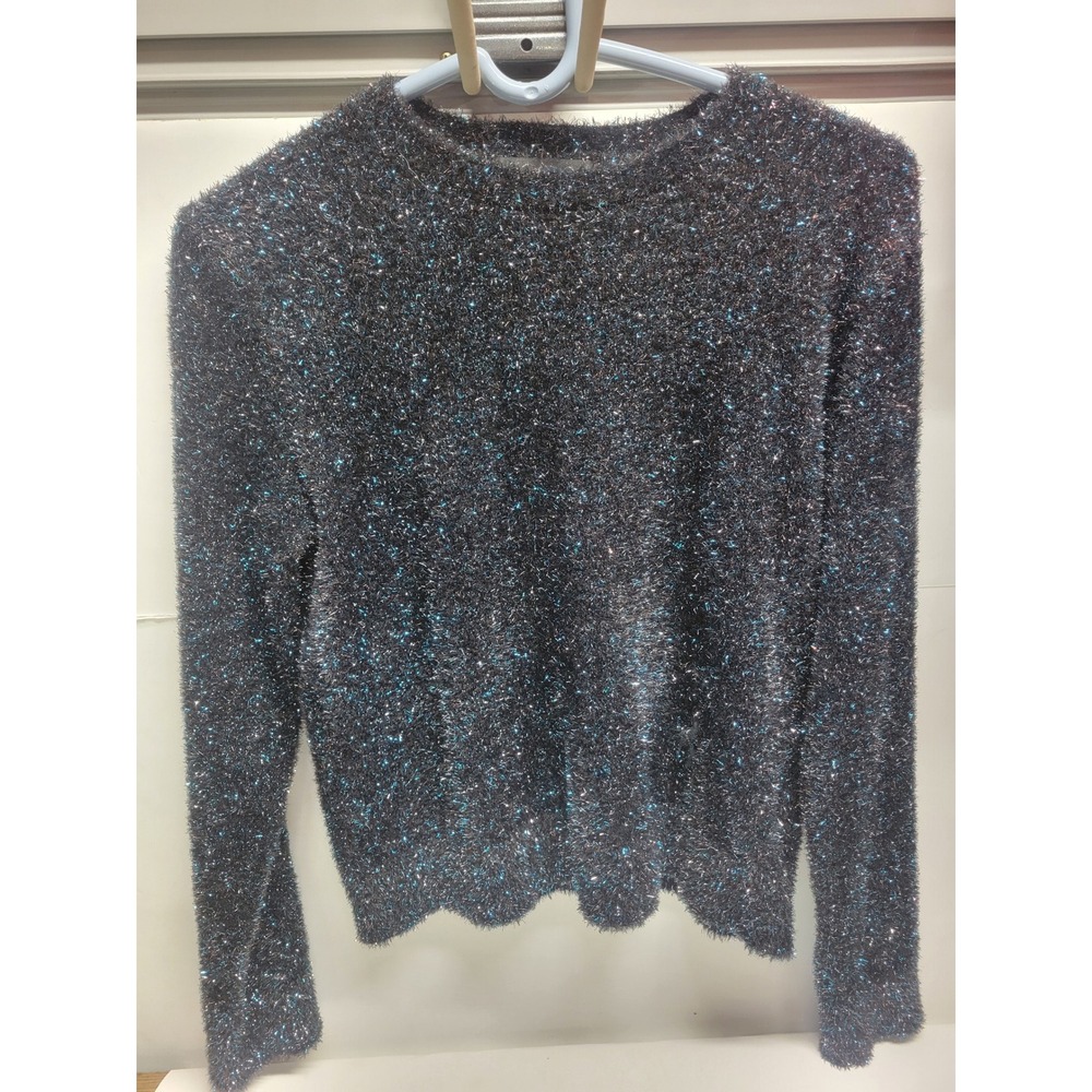 Banana Republic Sparkly‎ Fuzzy Knit Sweater Top Black Blue Metallic Size M